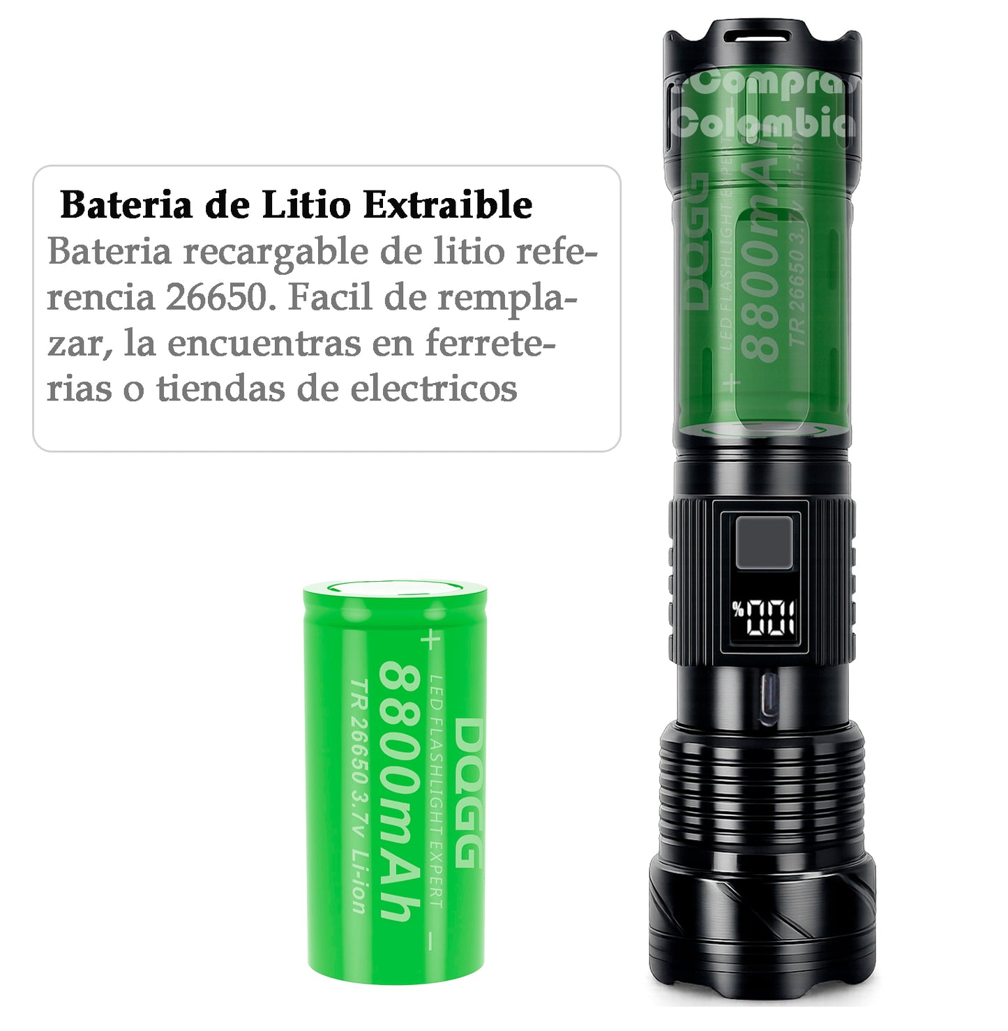 Batería de litio recargable 26650 para linterna táctica, fácil de reemplazar
