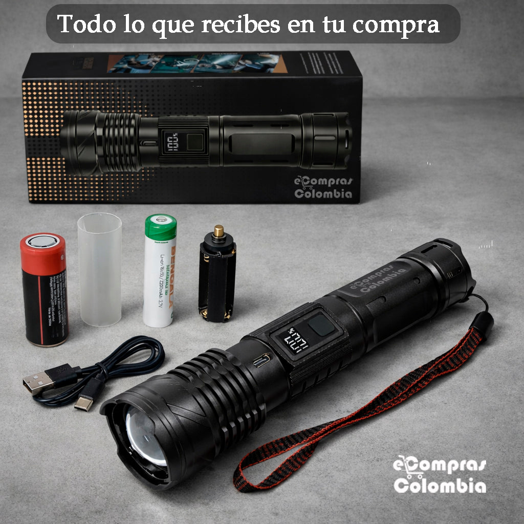 Kit completo de linterna táctica recargable con batería, cargador USB y accesorios
