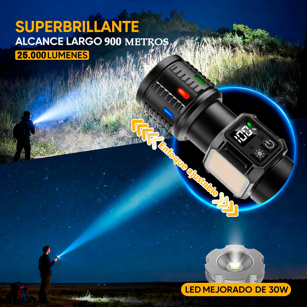 Linterna LED superbrillante con alcance largo y enfoque ajustable, diseñada para iluminar a larga distancia en espacios abiertos.
