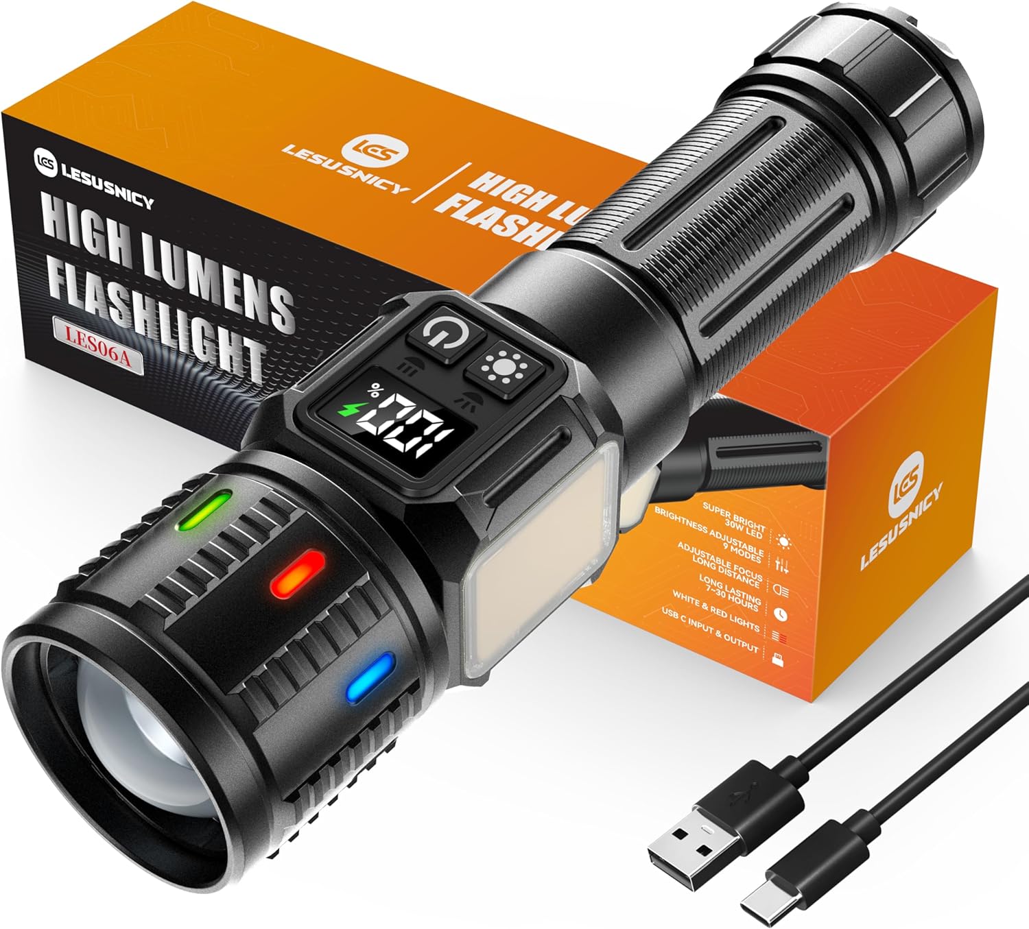 Linterna LED recargable con kit completo, incluye linterna, cable USB de carga y empaque original, ideal para uso exterior y emergencias.
