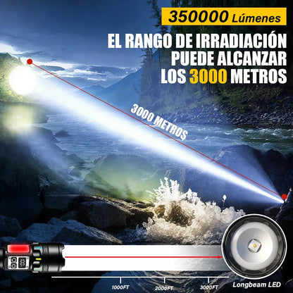 Linterna LED de largo alcance 900 metros para camping y seguridad.