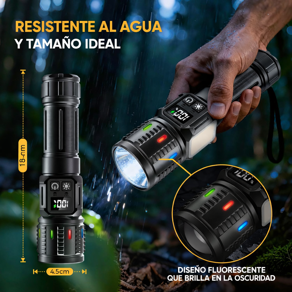 Linterna LED resistente al agua con tamaño ideal para la mano, diseño compacto y uso confiable en exteriores bajo lluvia.

