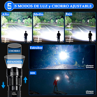 Linterna táctica recargable con 5 modos de luz y chorro ajustable para trabajo y vigilancia
