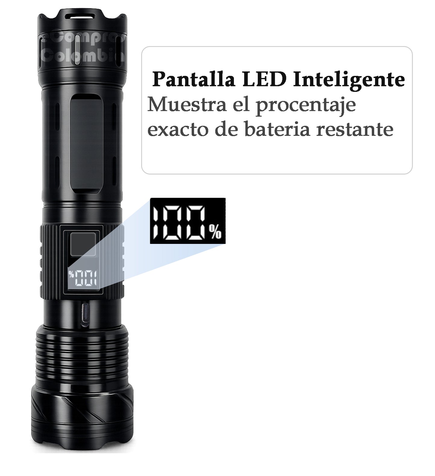 Linterna táctica con pantalla LED que muestra el porcentaje exacto de batería restante
