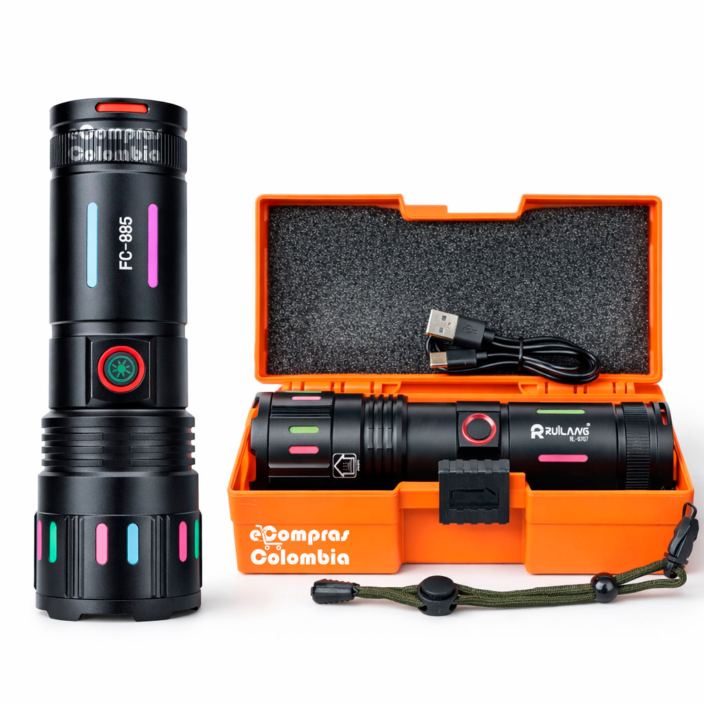 Linterna táctica profesional recargable con estuche rígido, linterna de aluminio negro mostrada fuera y dentro del estuche