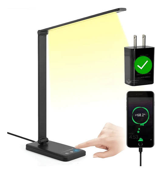 Lámpara LED de escritorio con brazo ajustable, luz cálida regulable y cargador original incluido, ideal para lectura, oficina y estudio.