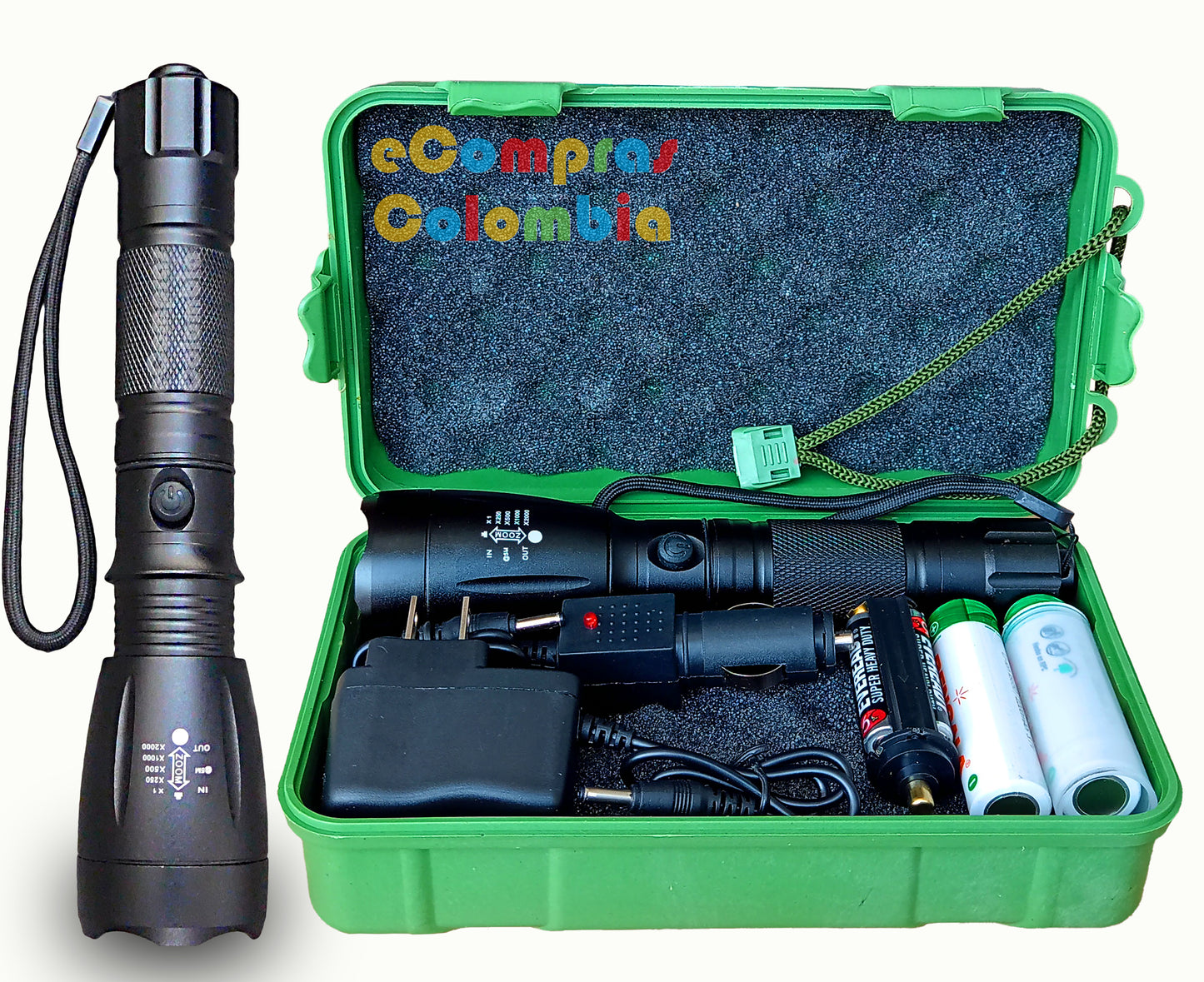 Linterna táctica militar LED de 15000 lúmenes con estuche rígido, baterías 18650, cargador de pared, cargador para carro y adaptador AAA.