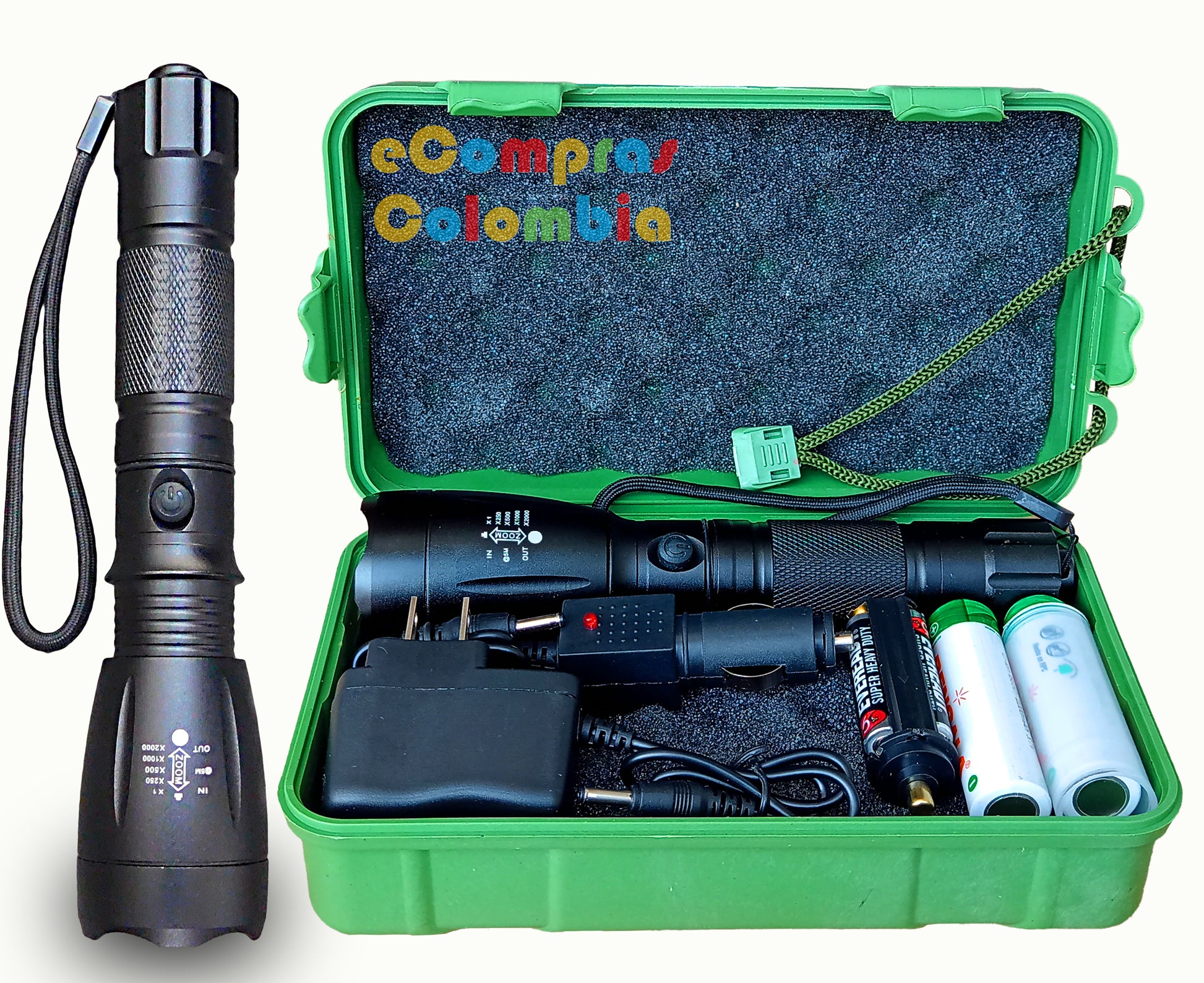 Linterna táctica militar LED de 15000 lúmenes con estuche rígido, baterías 18650, cargador de pared, cargador para carro y adaptador AAA.